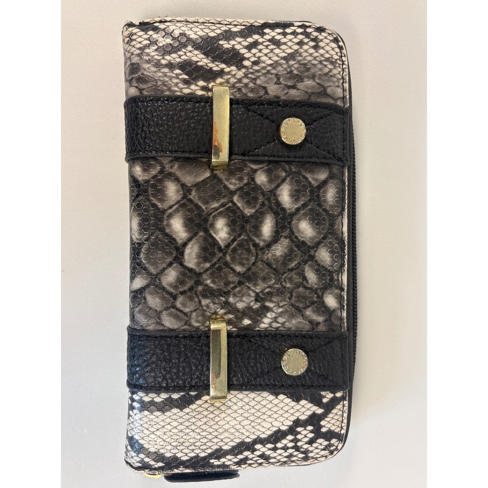 Steve Madden Faux Snakeskin Zip Around Wallet Black White Gold Hardware